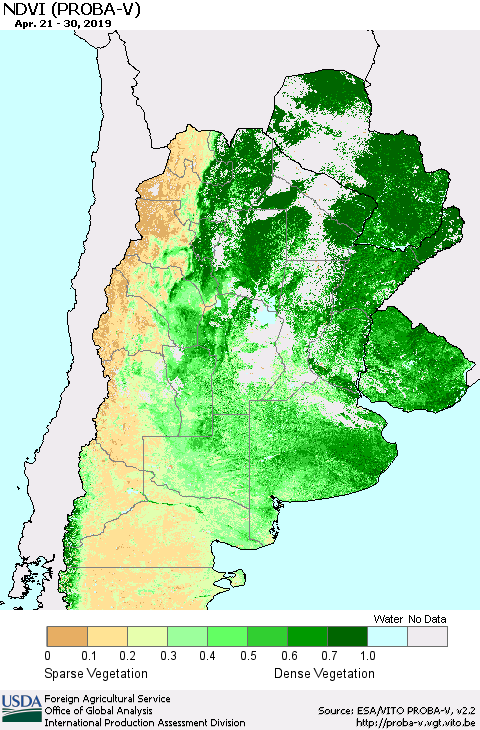 Southern South America NDVI (PROBA-V) Thematic Map For 4/21/2019 - 4/30/2019