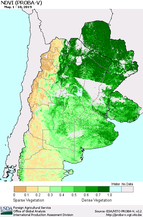 Southern South America NDVI (PROBA-V) Thematic Map For 5/1/2019 - 5/10/2019