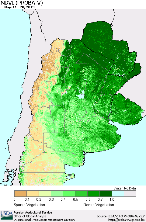 Southern South America NDVI (PROBA-V) Thematic Map For 5/11/2019 - 5/20/2019