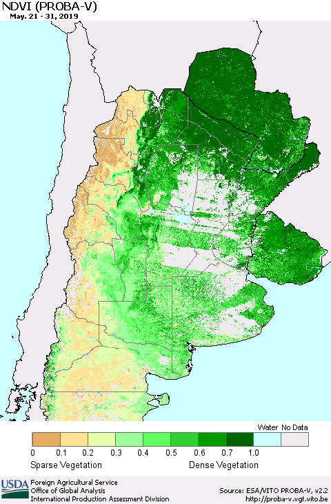 Southern South America NDVI (PROBA-V) Thematic Map For 5/21/2019 - 5/31/2019
