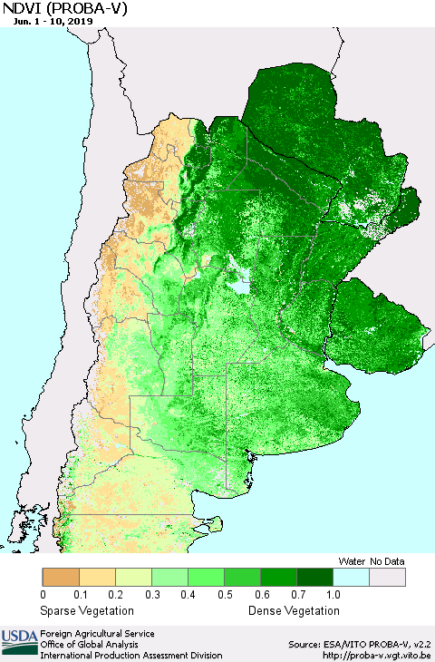 Southern South America NDVI (PROBA-V) Thematic Map For 6/1/2019 - 6/10/2019