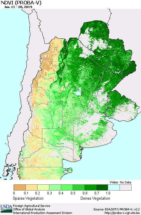 Southern South America NDVI (PROBA-V) Thematic Map For 6/11/2019 - 6/20/2019