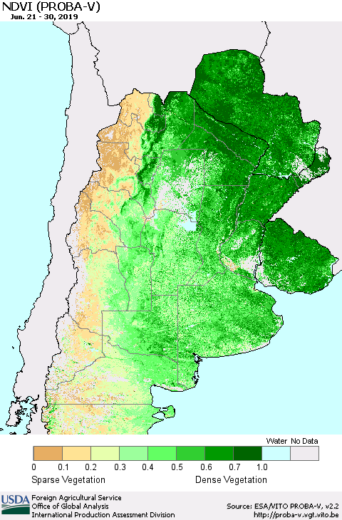 Southern South America NDVI (PROBA-V) Thematic Map For 6/21/2019 - 6/30/2019