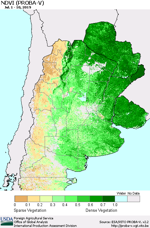 Southern South America NDVI (PROBA-V) Thematic Map For 7/1/2019 - 7/10/2019