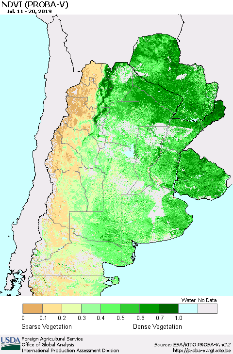 Southern South America NDVI (PROBA-V) Thematic Map For 7/11/2019 - 7/20/2019