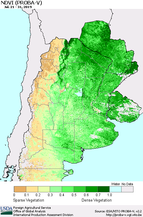 Southern South America NDVI (PROBA-V) Thematic Map For 7/21/2019 - 7/31/2019