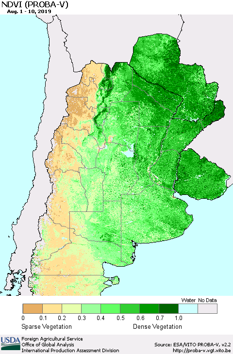 Southern South America NDVI (PROBA-V) Thematic Map For 8/1/2019 - 8/10/2019