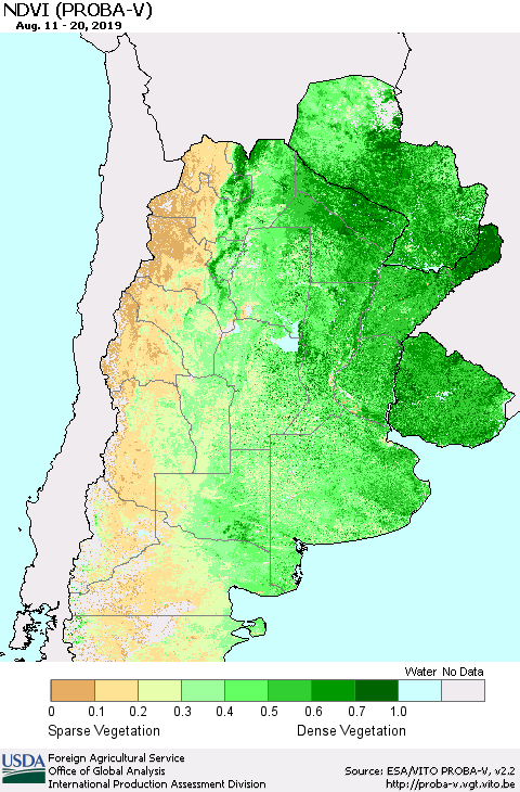 Southern South America NDVI (PROBA-V) Thematic Map For 8/11/2019 - 8/20/2019