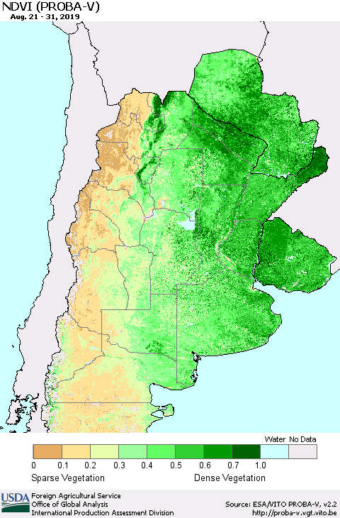 Southern South America NDVI (PROBA-V) Thematic Map For 8/21/2019 - 8/31/2019