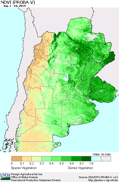 Southern South America NDVI (PROBA-V) Thematic Map For 9/1/2019 - 9/10/2019