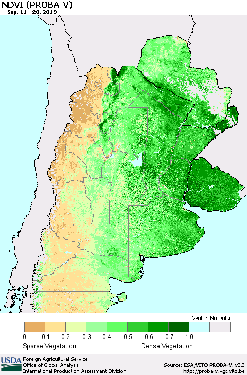 Southern South America NDVI (PROBA-V) Thematic Map For 9/11/2019 - 9/20/2019