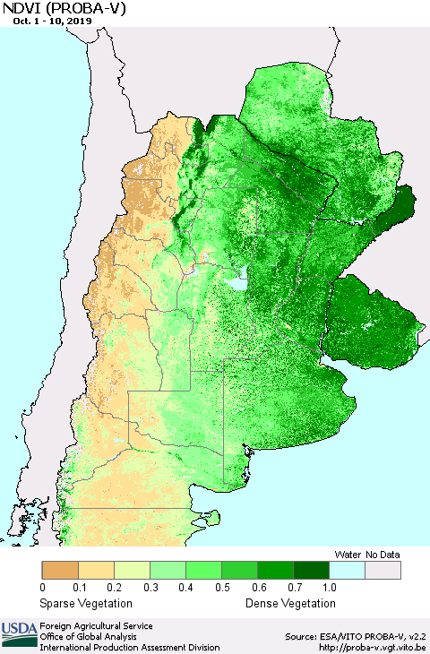 Southern South America NDVI (PROBA-V) Thematic Map For 10/1/2019 - 10/10/2019