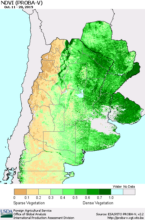 Southern South America NDVI (PROBA-V) Thematic Map For 10/11/2019 - 10/20/2019