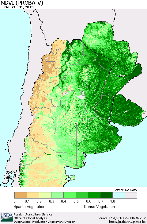 Southern South America NDVI (PROBA-V) Thematic Map For 10/21/2019 - 10/31/2019