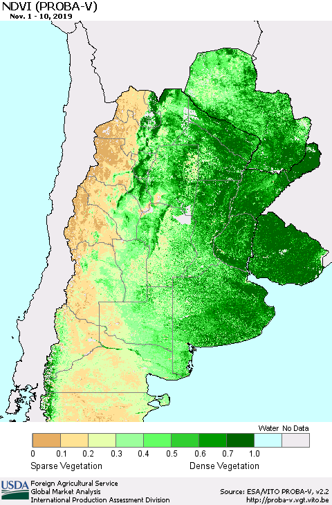 Southern South America NDVI (PROBA-V) Thematic Map For 11/1/2019 - 11/10/2019