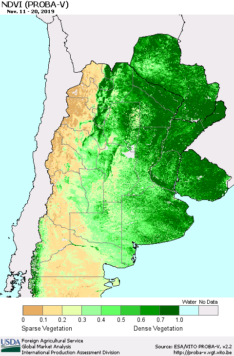 Southern South America NDVI (PROBA-V) Thematic Map For 11/11/2019 - 11/20/2019