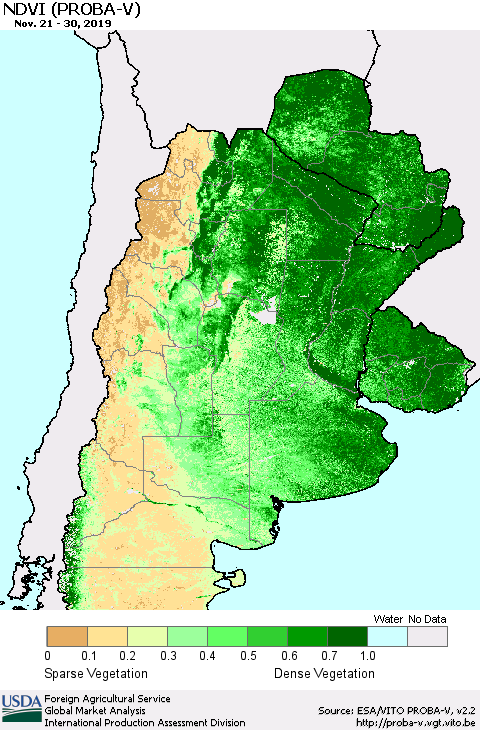 Southern South America NDVI (PROBA-V) Thematic Map For 11/21/2019 - 11/30/2019