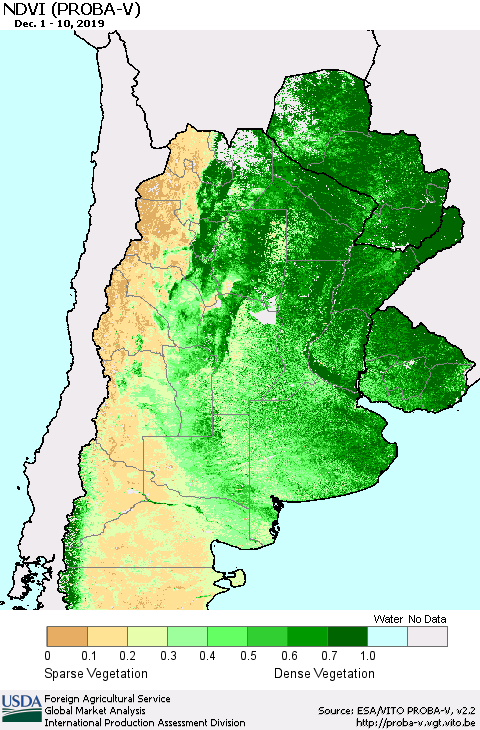 Southern South America NDVI (PROBA-V) Thematic Map For 12/1/2019 - 12/10/2019