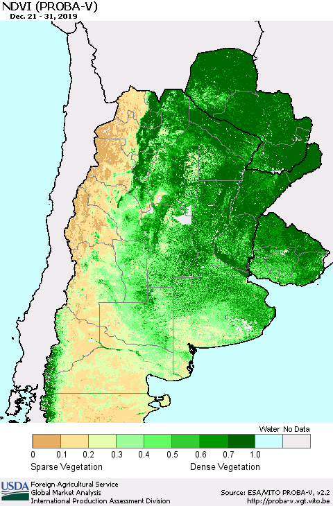 Southern South America NDVI (PROBA-V) Thematic Map For 12/21/2019 - 12/31/2019