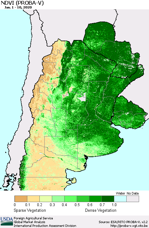 Southern South America NDVI (PROBA-V) Thematic Map For 1/1/2020 - 1/10/2020