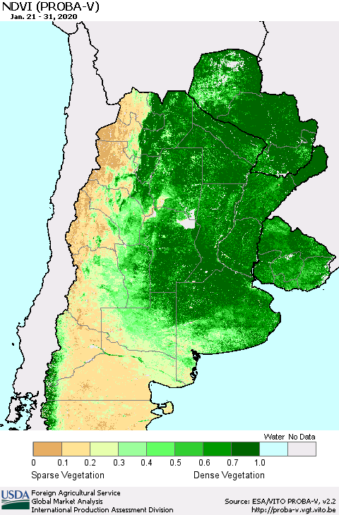 Southern South America NDVI (PROBA-V) Thematic Map For 1/21/2020 - 1/31/2020