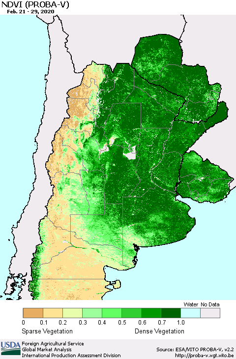 Southern South America NDVI (PROBA-V) Thematic Map For 2/21/2020 - 2/29/2020