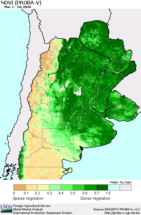 Southern South America NDVI (PROBA-V) Thematic Map For 3/1/2020 - 3/10/2020