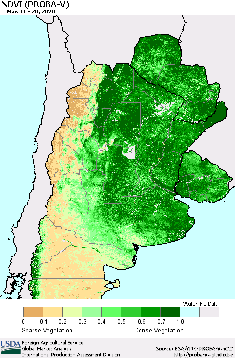Southern South America NDVI (PROBA-V) Thematic Map For 3/11/2020 - 3/20/2020