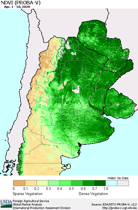Southern South America NDVI (PROBA-V) Thematic Map For 4/1/2020 - 4/10/2020