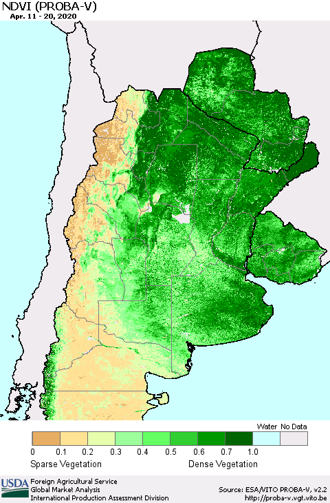 Southern South America NDVI (PROBA-V) Thematic Map For 4/11/2020 - 4/20/2020