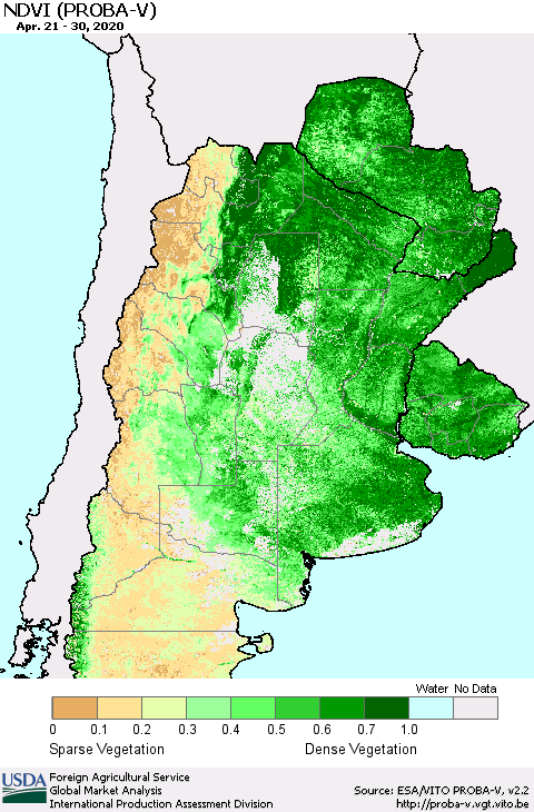 Southern South America NDVI (PROBA-V) Thematic Map For 4/21/2020 - 4/30/2020