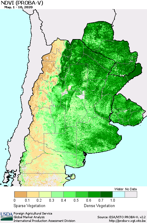 Southern South America NDVI (PROBA-V) Thematic Map For 5/1/2020 - 5/10/2020