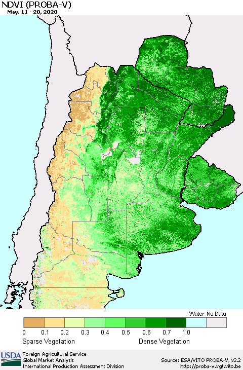 Southern South America NDVI (PROBA-V) Thematic Map For 5/11/2020 - 5/20/2020