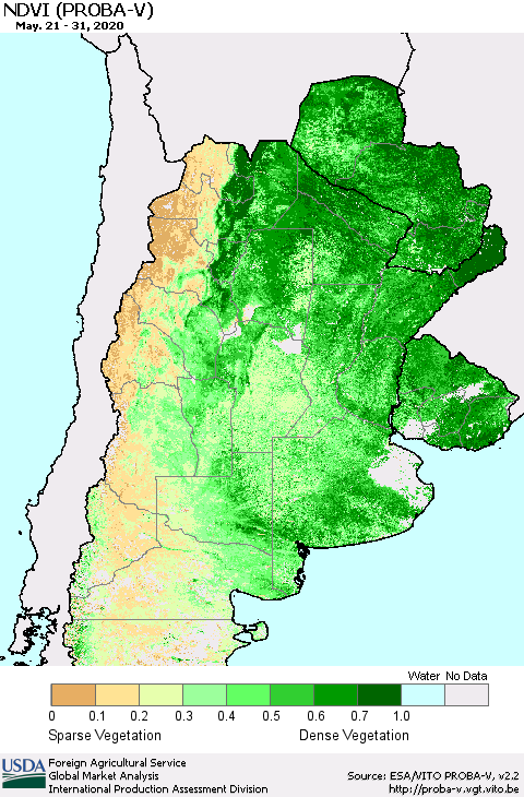 Southern South America NDVI (PROBA-V) Thematic Map For 5/21/2020 - 5/31/2020