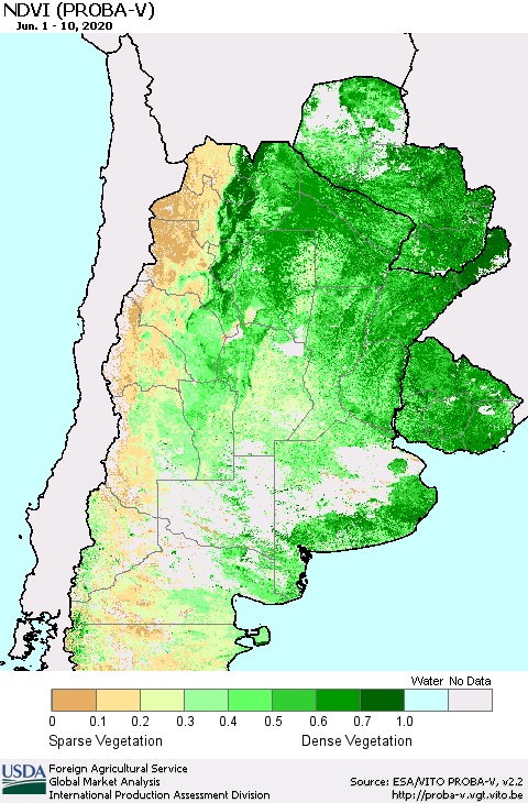 Southern South America NDVI (PROBA-V) Thematic Map For 6/1/2020 - 6/10/2020