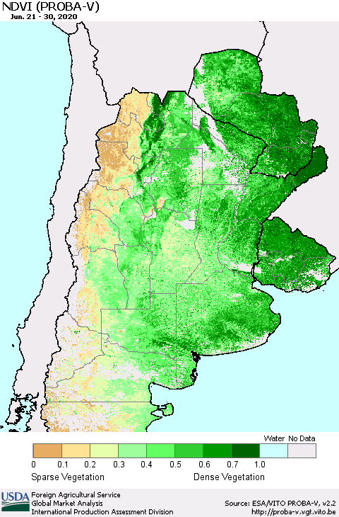 Southern South America NDVI (PROBA-V) Thematic Map For 6/21/2020 - 6/30/2020