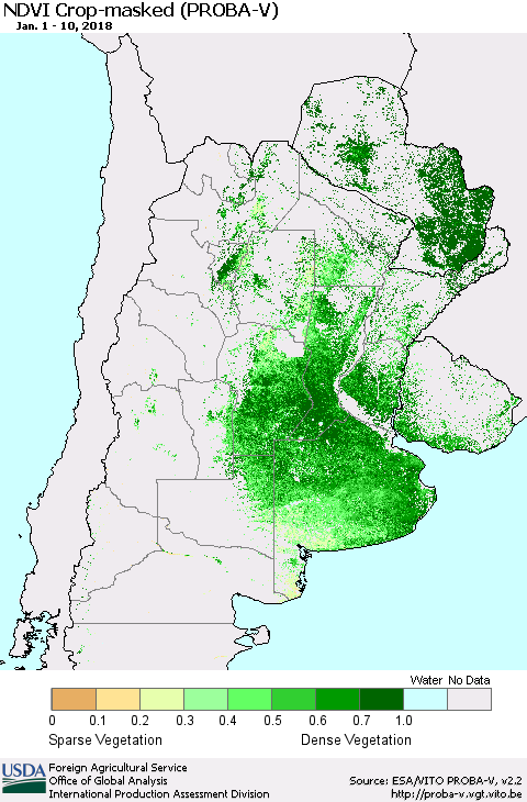 Southern South America NDVI Crop-masked (PROBA-V) Thematic Map For 1/1/2018 - 1/10/2018