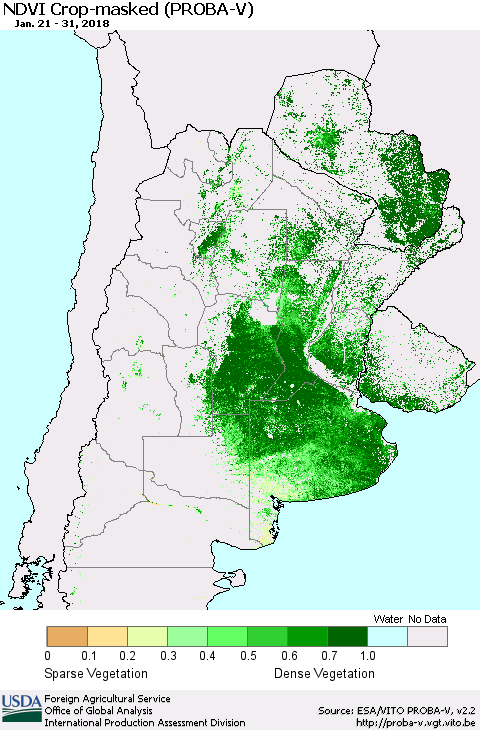 Southern South America NDVI Crop-masked (PROBA-V) Thematic Map For 1/21/2018 - 1/31/2018