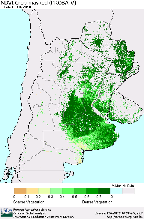 Southern South America NDVI Crop-masked (PROBA-V) Thematic Map For 2/1/2018 - 2/10/2018