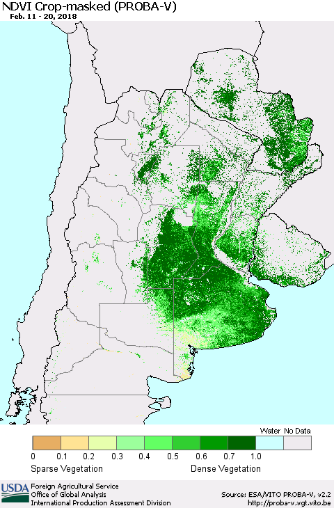 Southern South America NDVI Crop-masked (PROBA-V) Thematic Map For 2/11/2018 - 2/20/2018