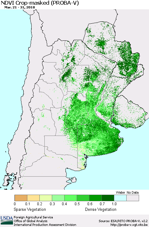 Southern South America NDVI Crop-masked (PROBA-V) Thematic Map For 3/21/2018 - 3/31/2018