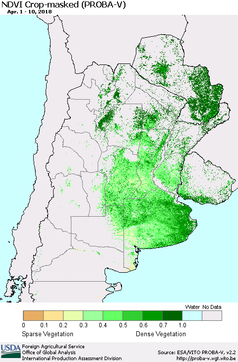 Southern South America NDVI Crop-masked (PROBA-V) Thematic Map For 4/1/2018 - 4/10/2018