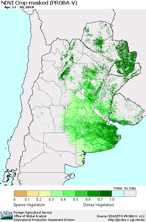 Southern South America NDVI Crop-masked (PROBA-V) Thematic Map For 4/11/2018 - 4/20/2018