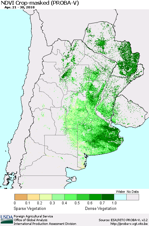 Southern South America NDVI Crop-masked (PROBA-V) Thematic Map For 4/21/2018 - 4/30/2018