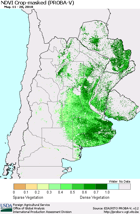 Southern South America NDVI Crop-masked (PROBA-V) Thematic Map For 5/11/2018 - 5/20/2018