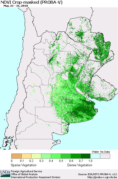 Southern South America NDVI Crop-masked (PROBA-V) Thematic Map For 5/21/2018 - 5/31/2018
