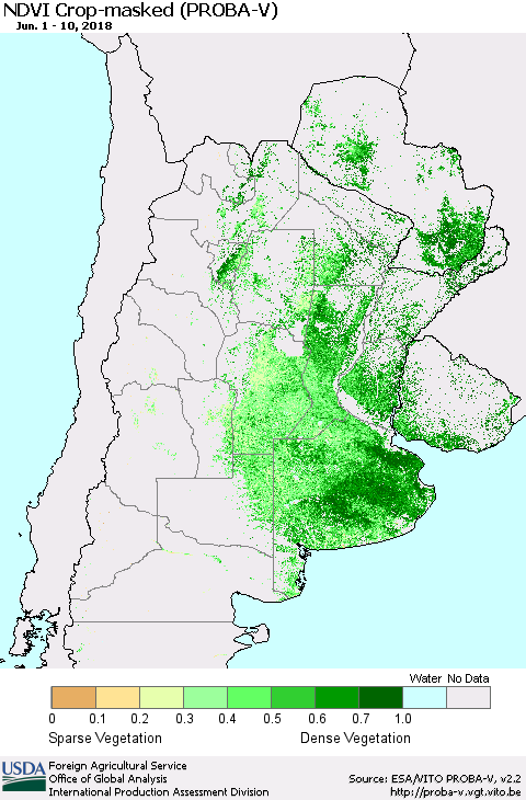 Southern South America NDVI Crop-masked (PROBA-V) Thematic Map For 6/1/2018 - 6/10/2018