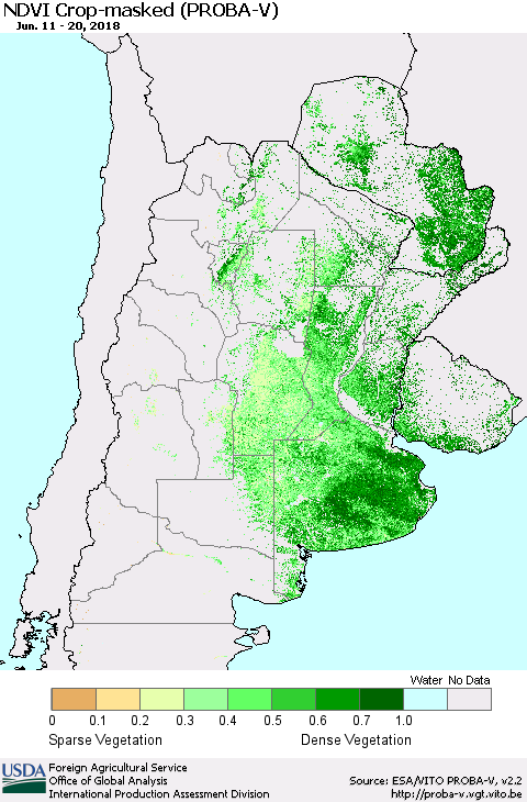 Southern South America NDVI Crop-masked (PROBA-V) Thematic Map For 6/11/2018 - 6/20/2018