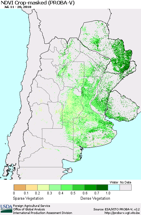 Southern South America NDVI Crop-masked (PROBA-V) Thematic Map For 7/11/2018 - 7/20/2018