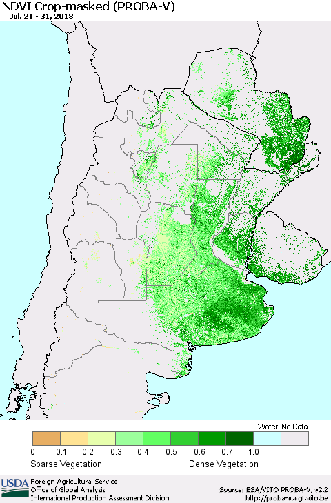 Southern South America NDVI Crop-masked (PROBA-V) Thematic Map For 7/21/2018 - 7/31/2018
